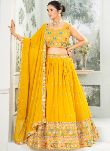 Georgette Thread Embroidery Yellow Lehenga Choli For Haldi Ceremony
